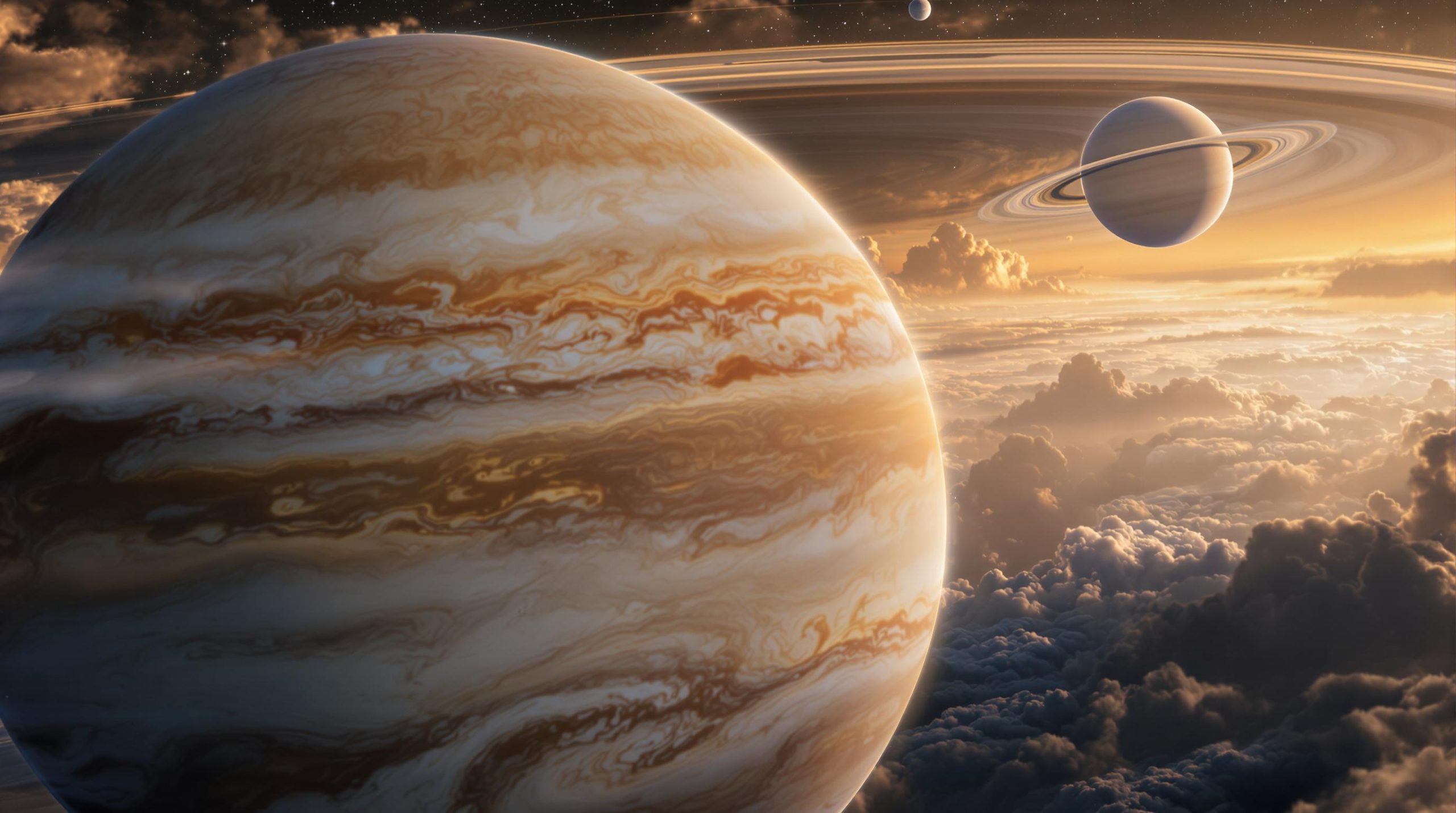 Planètes Jupiter et Saturne avec anneaux visibles au-dessus des nuages.