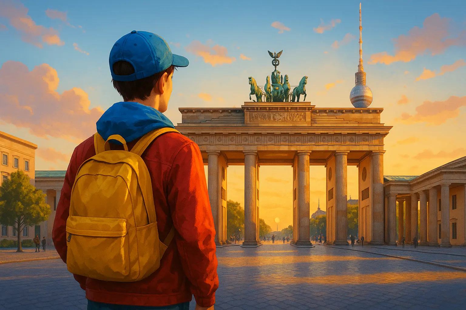 Un voyageur devant la porte de Brandebourg à Berlin, avec sac à dos et casquette, sous un ciel ensoleillé.