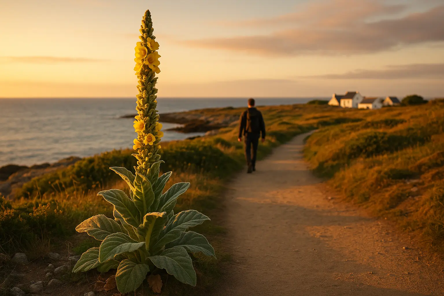 Un homme marche sur un sentier à Molène, avec une molène au premier plan et la mer en arrière-plan.