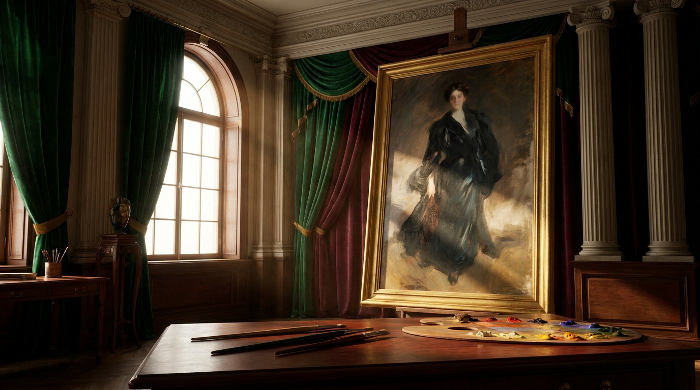 Luxurious artist's studio with a large painting on an easel, brushes, and a palette on a table. Sunlight streams through arched windows.