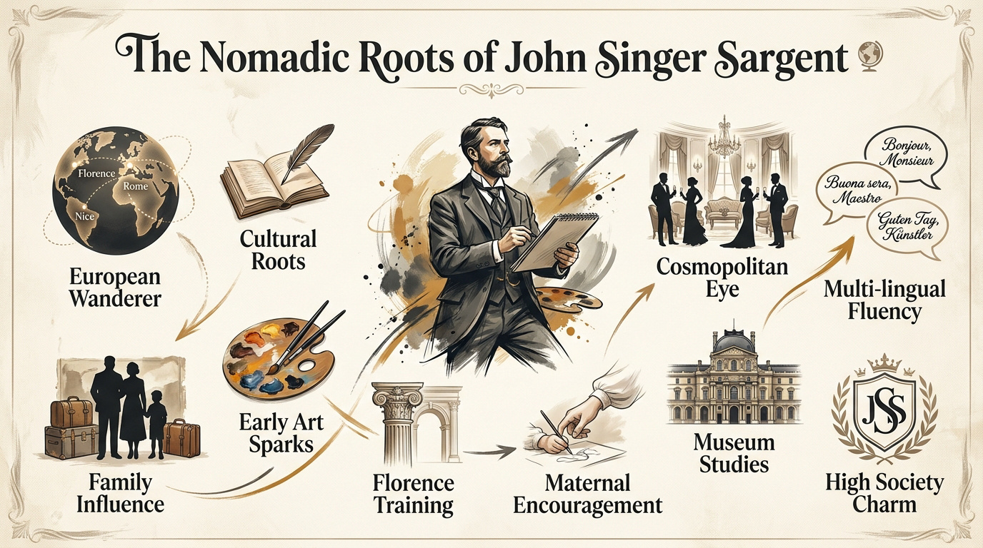 John Singer Sargent painting a portrait in a European studio setting