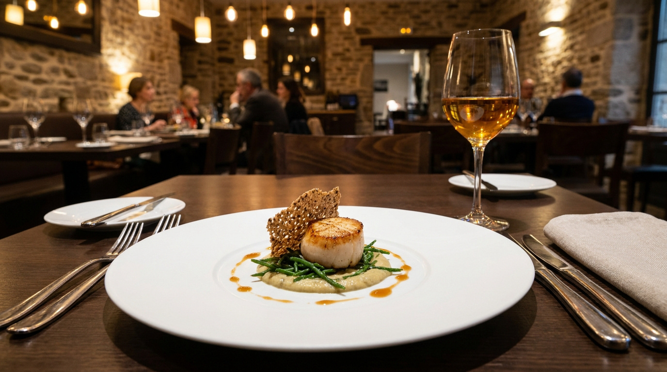 Une coquille Saint-Jacques gastronomique sur un lit de salicornes dans un restaurant rennais au cadre en pierre apparente.