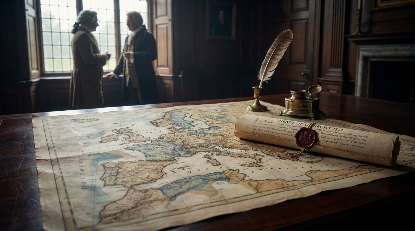Une table ancienne avec une carte de l'Europe, une plume et le Traité d'Utrecht, deux hommes discutant en arrière-plan.