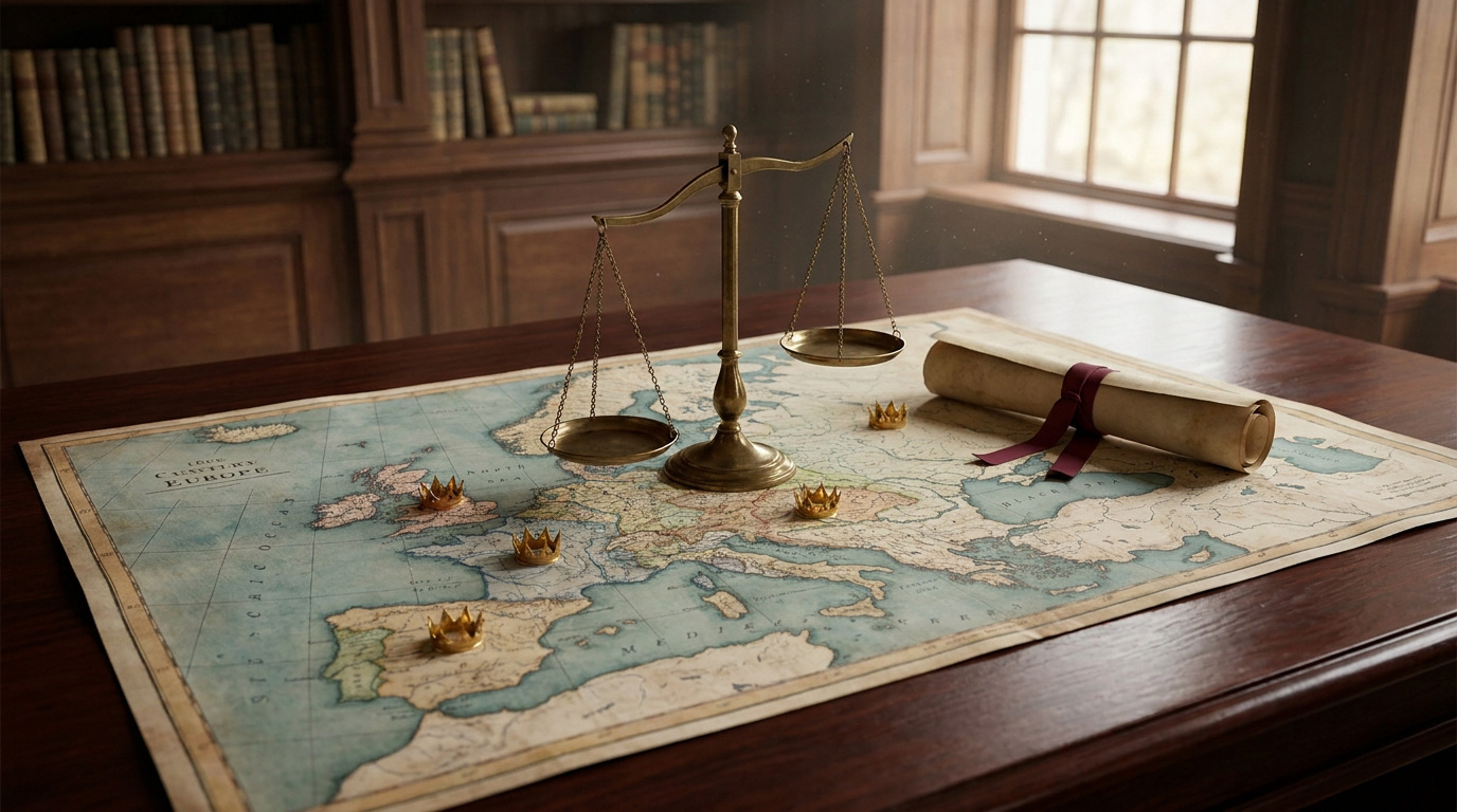 Une balance ancienne posée sur une carte d'Europe ancienne, entourée de petites couronnes royales et d'un parchemin.