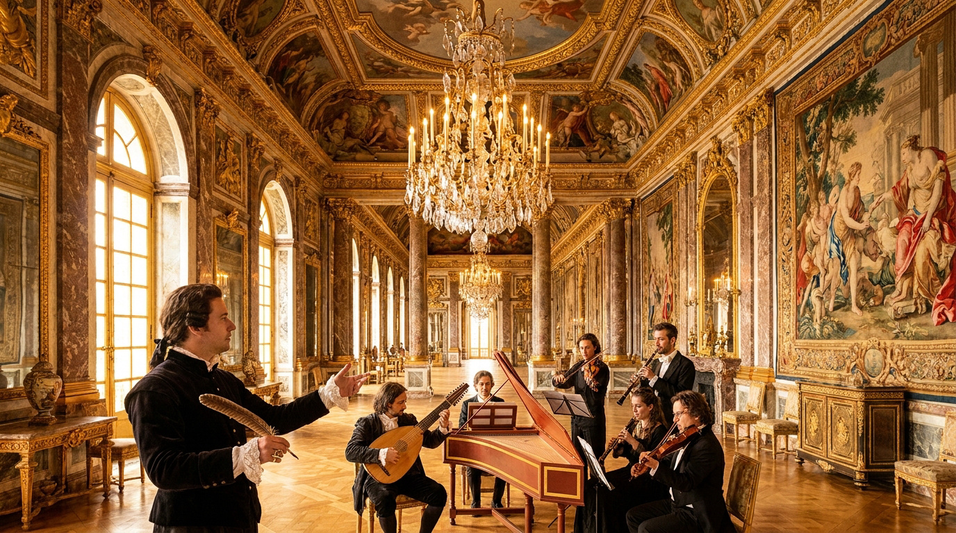 Un chef d'orchestre dirige des musiciens baroques dans la Galerie des Glaces du château de Versailles.