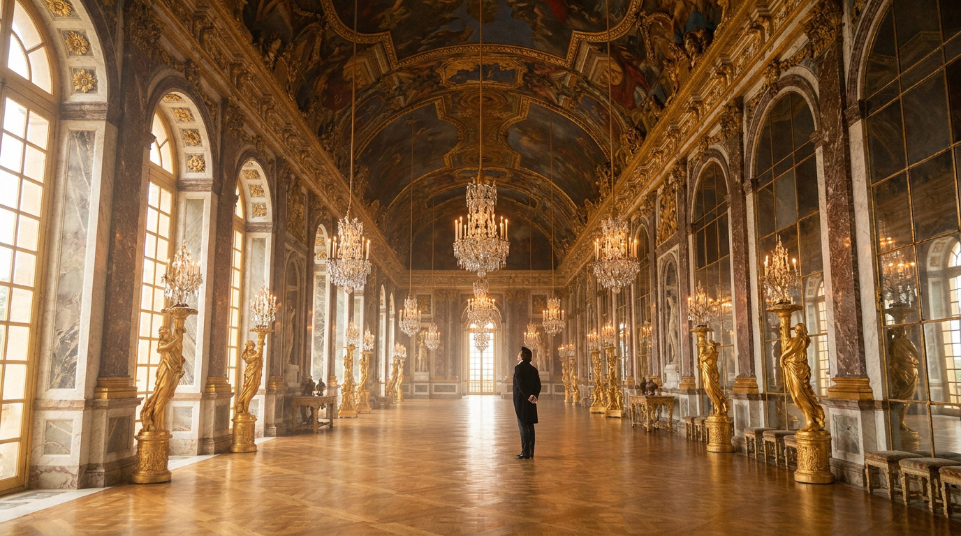 Un homme debout seul au centre de la Galerie des Glaces à Versailles, entouré de lustres et de miroirs dorés.