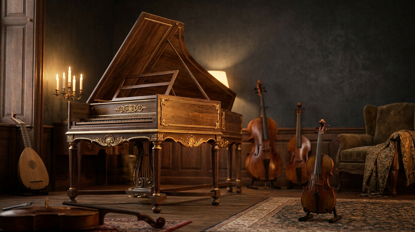 Un clavecin orné au centre d'une pièce sombre entouré d'instruments baroques dont un violon, un luth et un violoncelle.