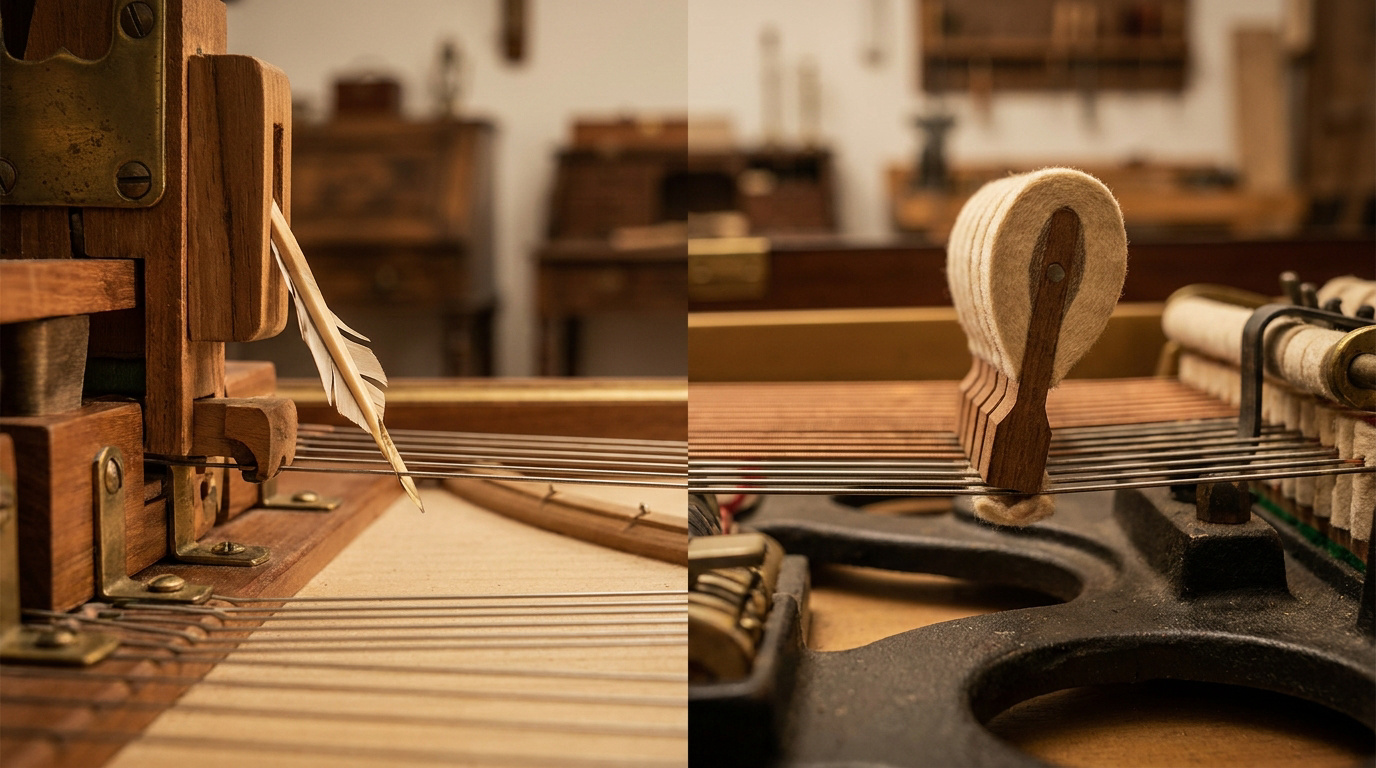 Comparaison rapprochée du sautereau à plume du clavecin et du marteau en feutre d'un piano sur leurs cordes respectives.