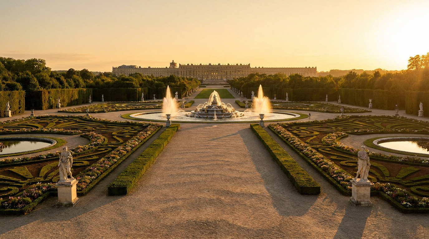 Vue panoramique des jardins de Versailles au coucher du soleil avec des fontaines jaillissantes et des parterres fleuris.