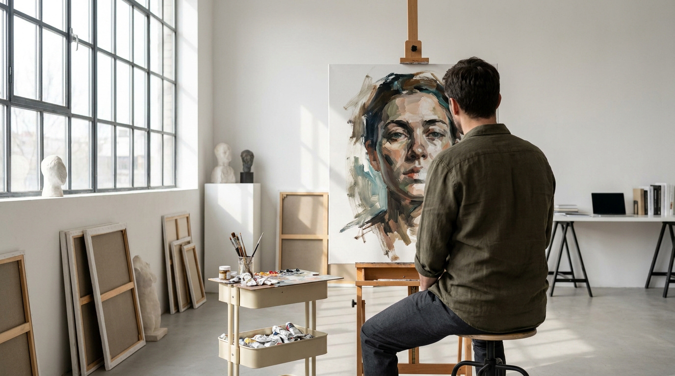 Un artiste peintre travaille sur un portrait expressif dans son studio lumineux et épuré.