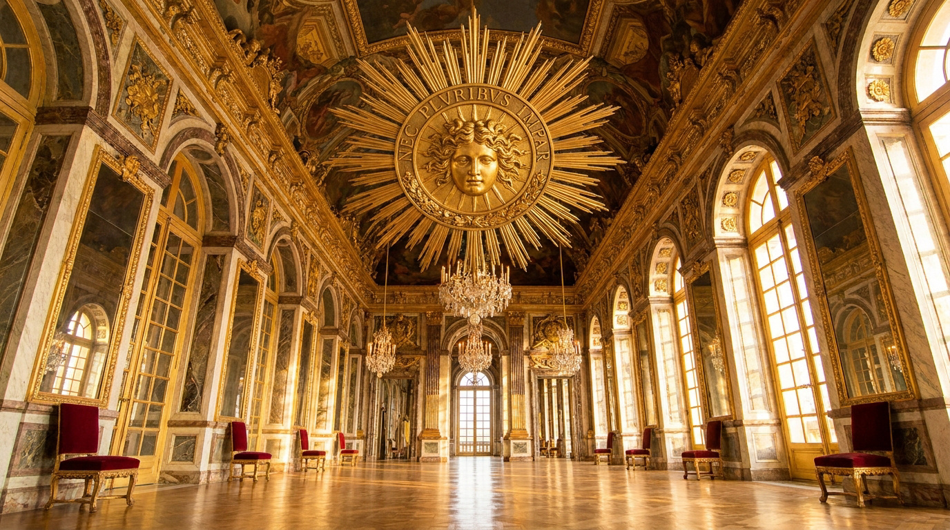 Intérieur du château de Versailles avec un soleil doré au plafond et des lustres en cristal.