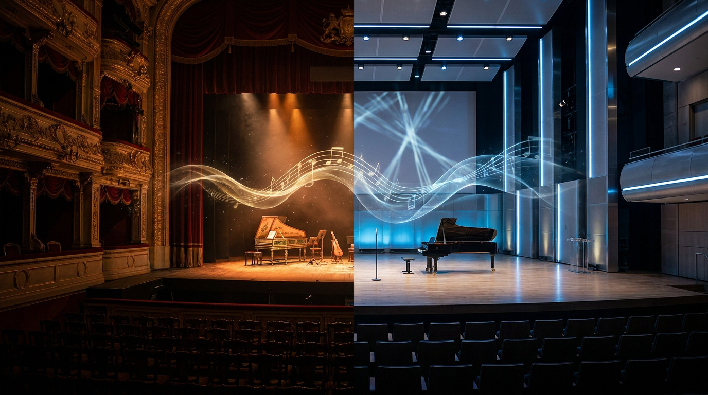 Montage contrastant une salle d'opéra baroque à gauche et une salle de concert moderne à droite avec des notes de musique.