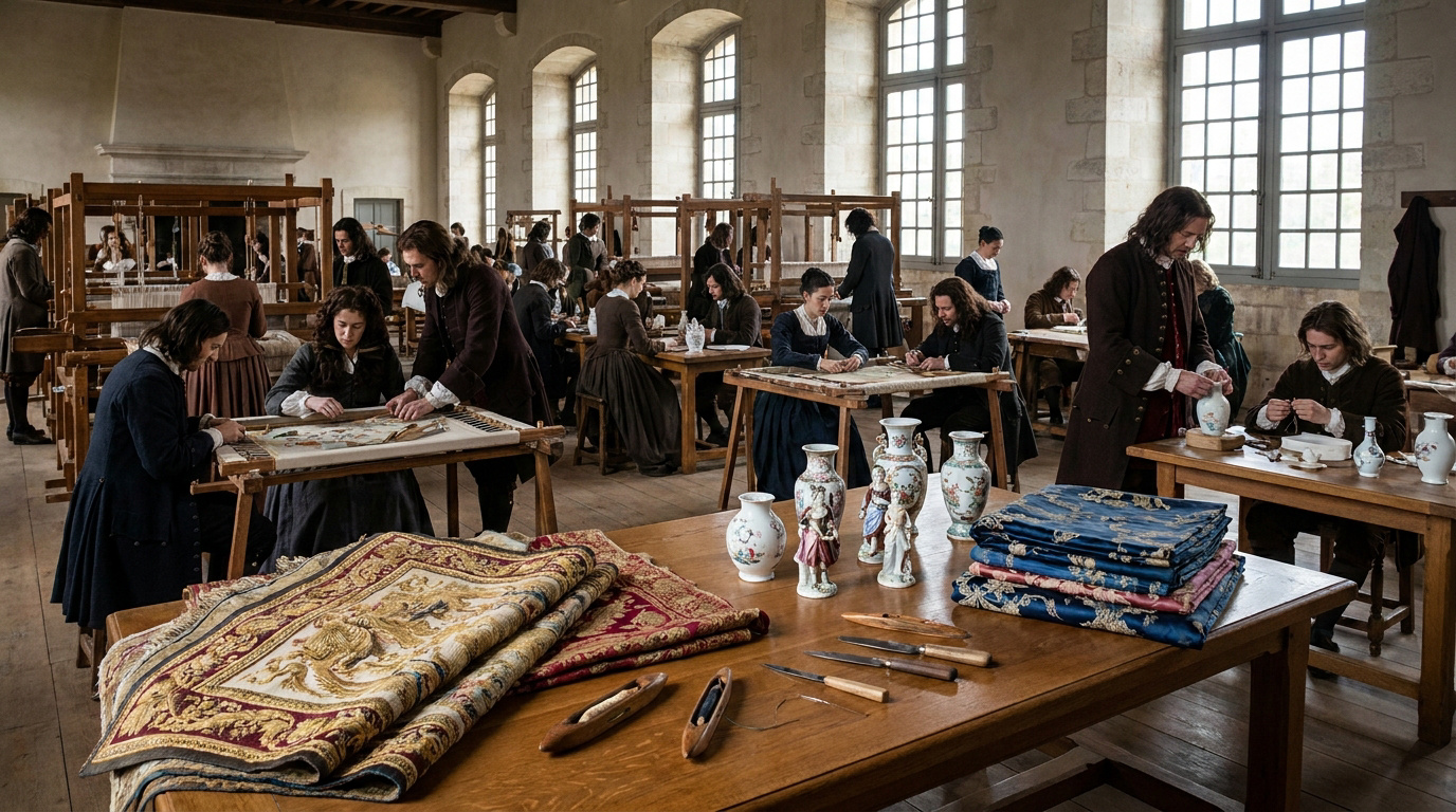 Une manufacture royale du XVIIe siècle avec des artisans travaillant sur des métiers à tisser et des objets d'art.