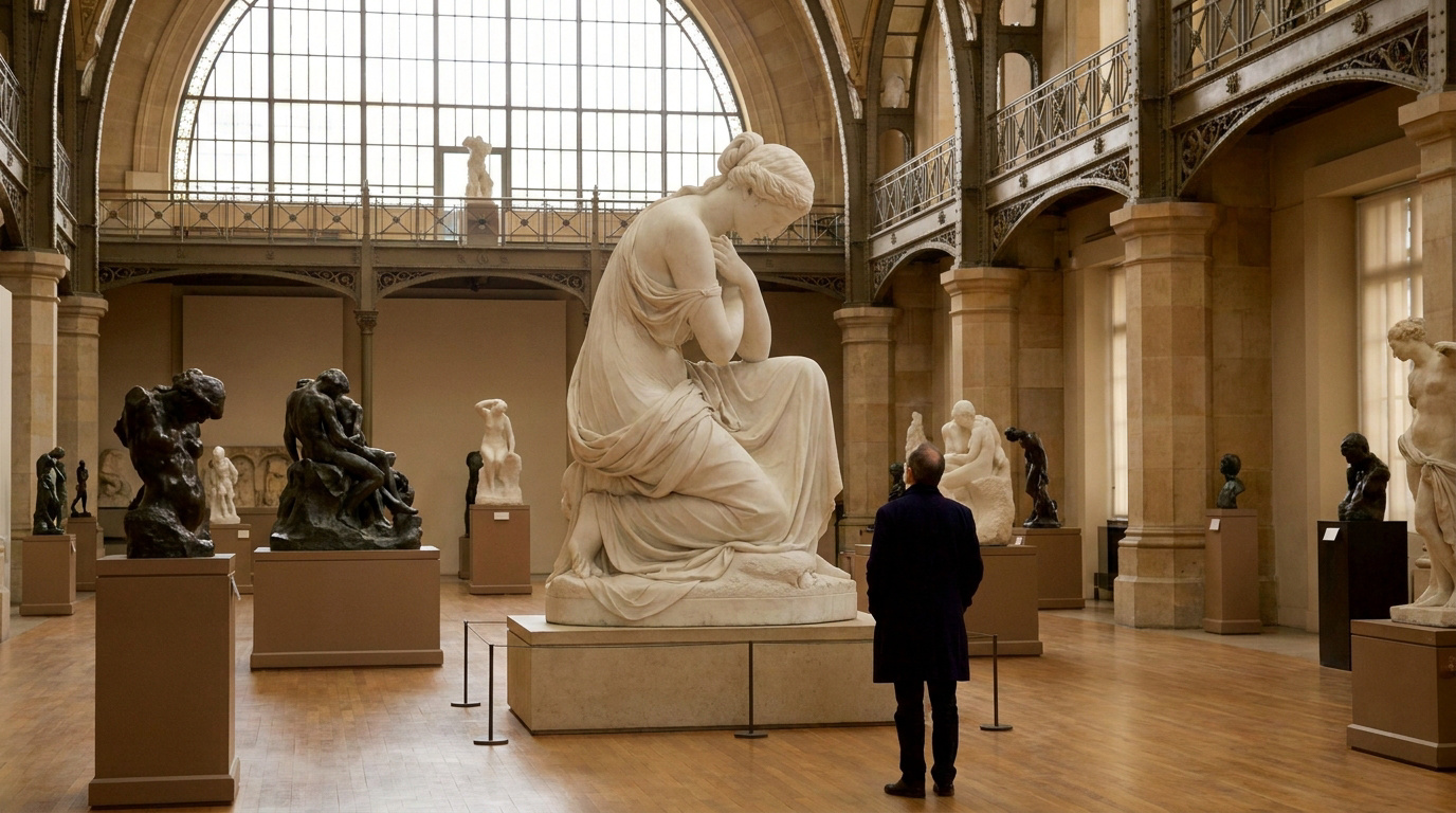 Un visiteur contemple une grande statue en marbre au centre de la nef du Musée d'Orsay, entouré d'autres sculptures.