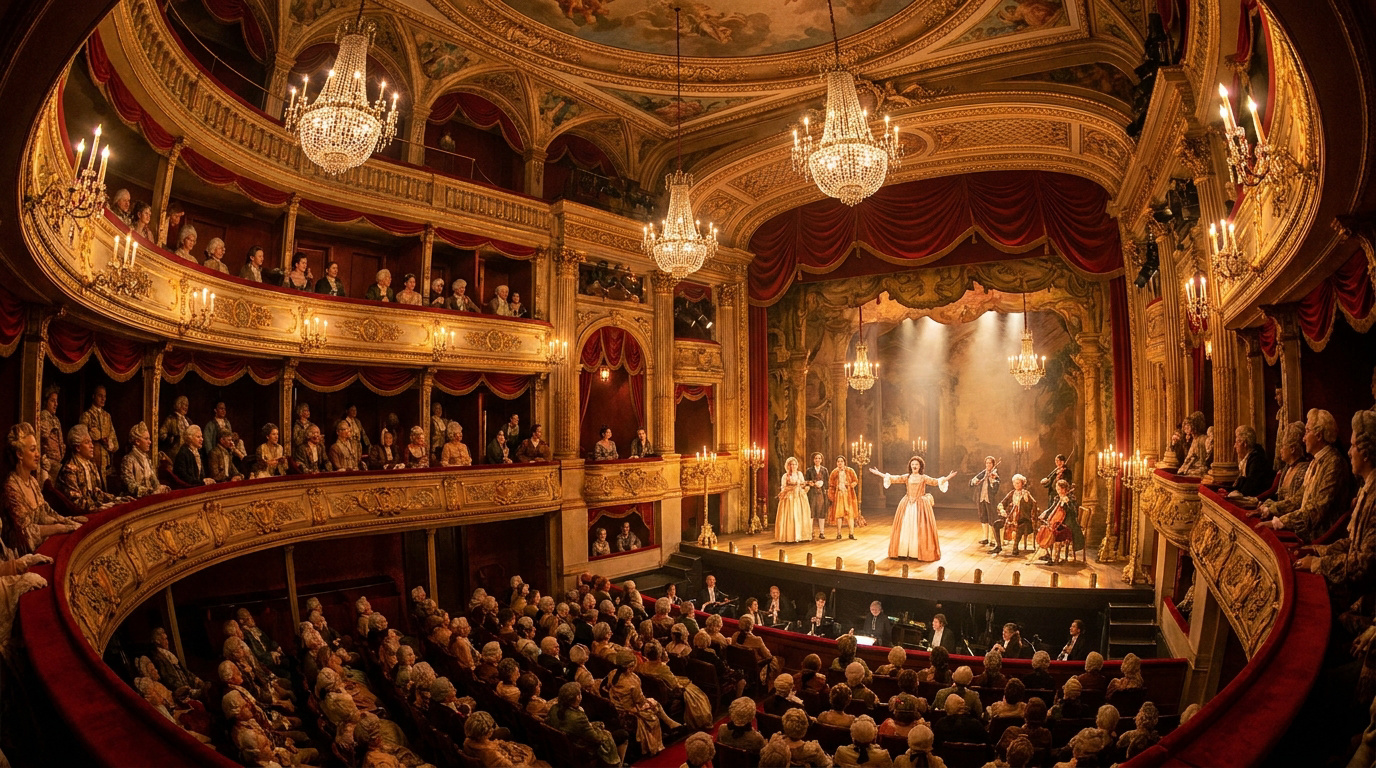 Vue panoramique d'un opéra baroque luxueux rempli de spectateurs en costumes d'époque assistant à une représentation.