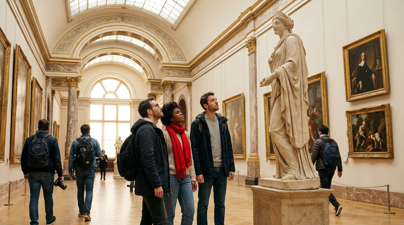 Trois touristes admirent une statue classique dans une galerie du musée du Louvre.