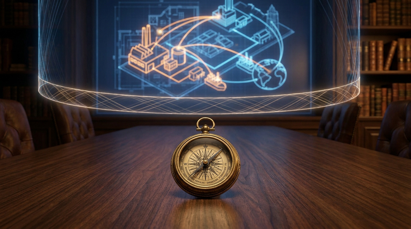 Une boussole dorée sur une table en bois devant un schéma holographique illustrant une industrie connectée.