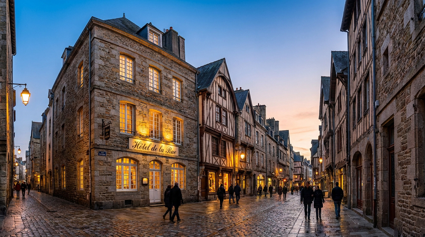 Façade d'un hôtel en pierre illuminé dans une rue pavée médiévale à Rennes lors du crépuscule.