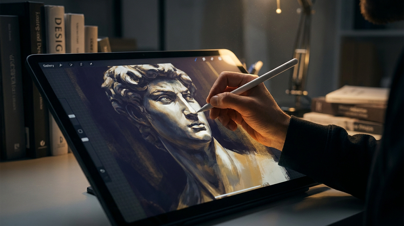 Un artiste dessine un portrait classique au style clair-obscur sur une tablette numérique avec un stylet.