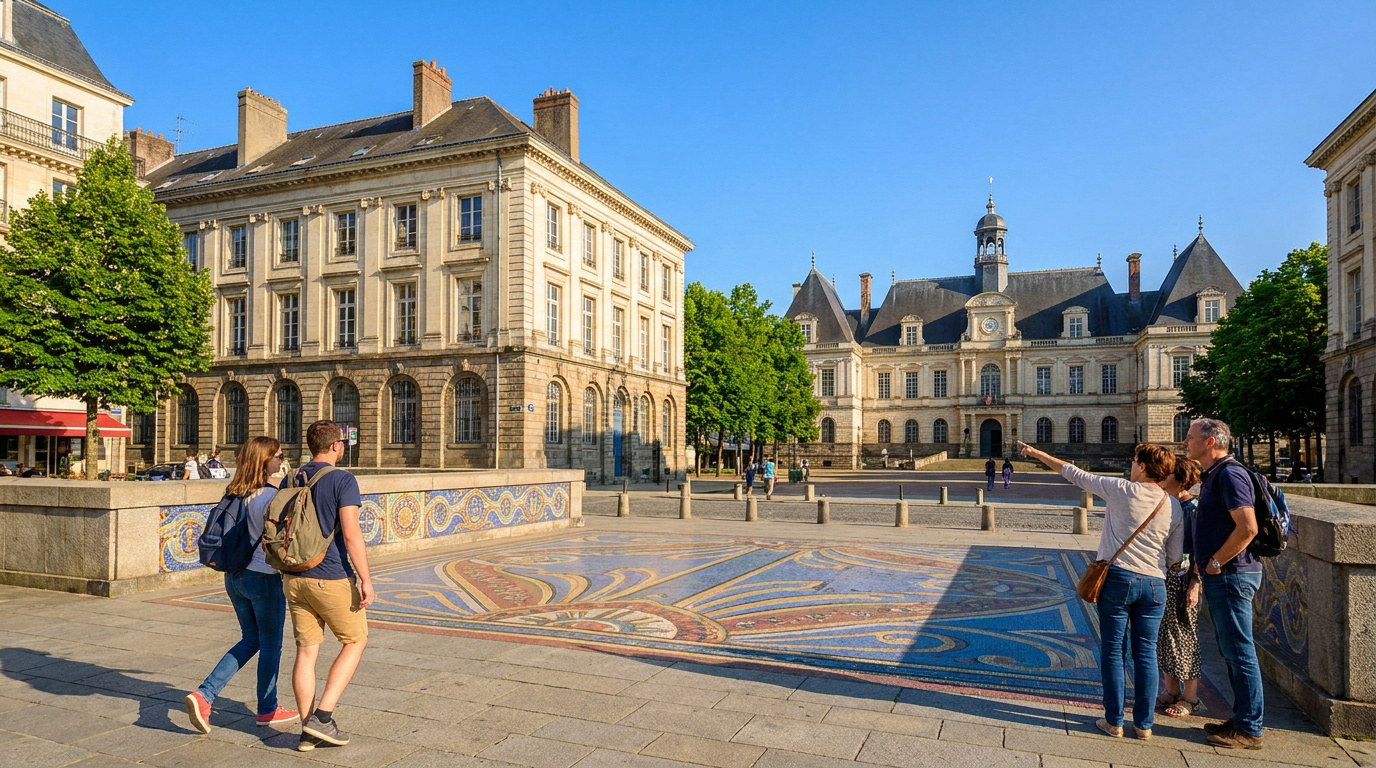 Des touristes visitent la place de la Mairie à Rennes devant l'Hôtel de Ville par une belle journée ensoleillée.