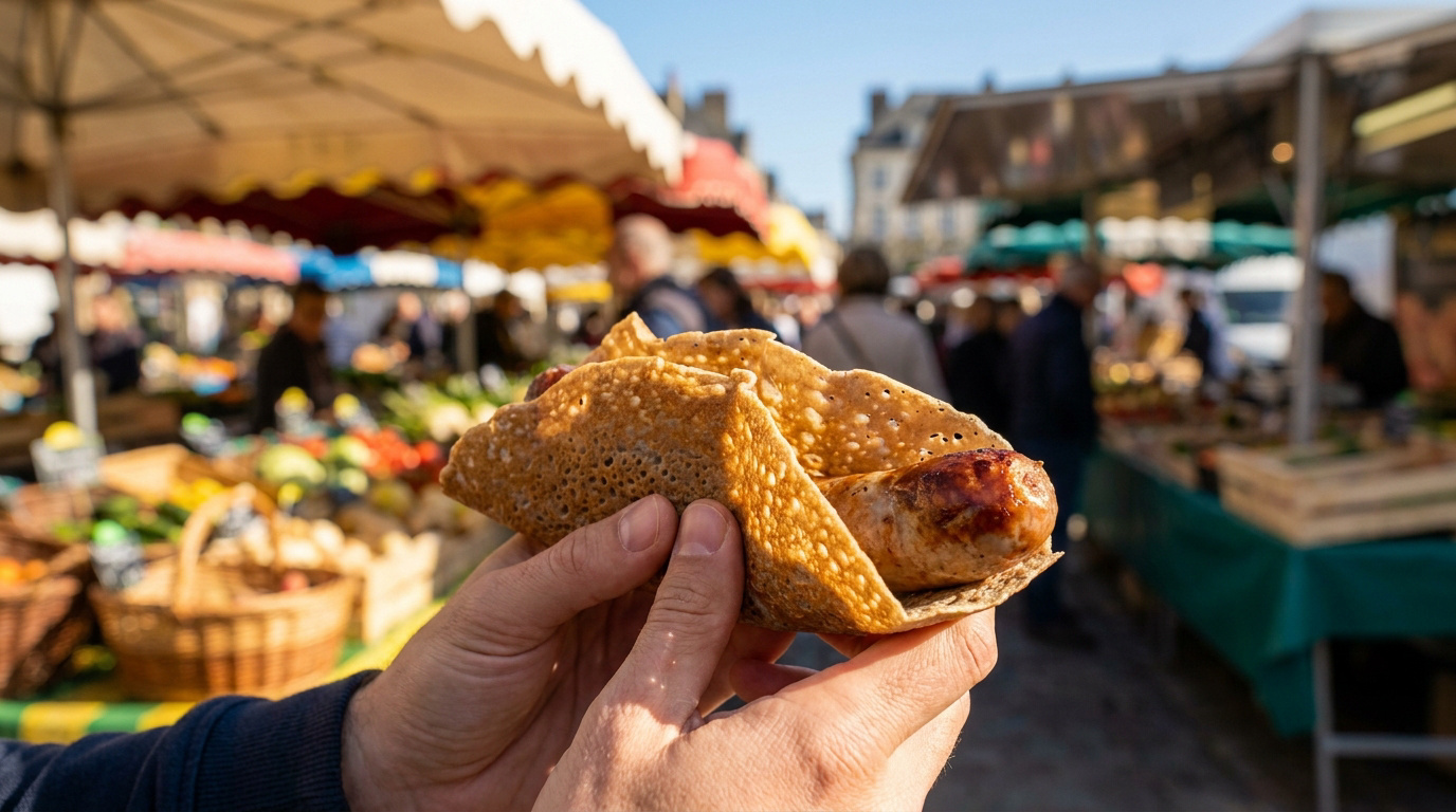 Une main tenant une galette saucisse traditionnelle au marché des Lices de Rennes avec des étals en arrière-plan.