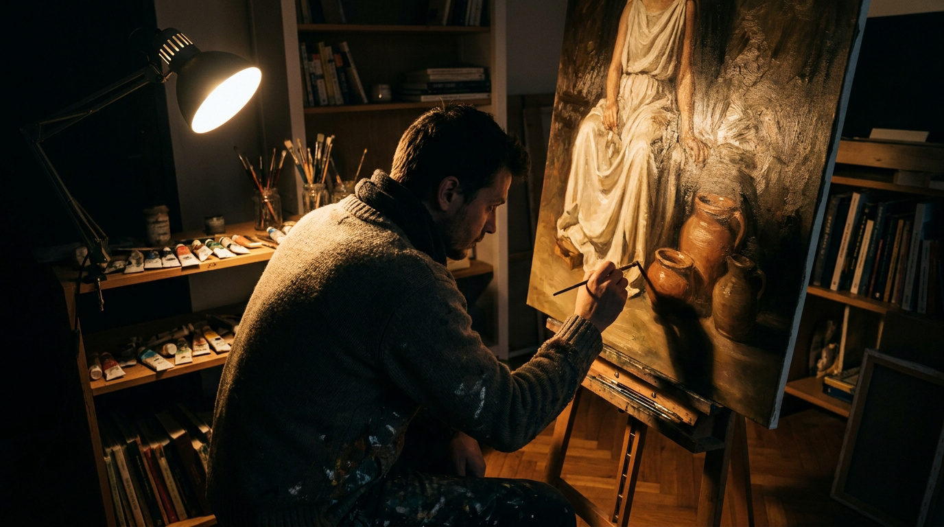 Un artiste peintre travaillant dans son atelier sombre sous une lampe, se concentrant sur un tableau classique.