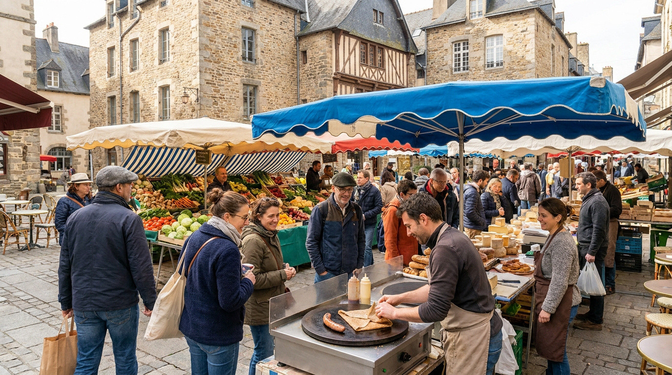 Un stand de crêpes sur le marché animé des Lices à Rennes, entouré de bâtiments historiques en pierre.