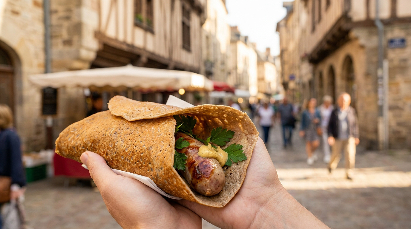 Gros plan sur une galette-saucisse tenue à la main dans une rue pavée animée du quartier Sainte-Anne à Rennes.