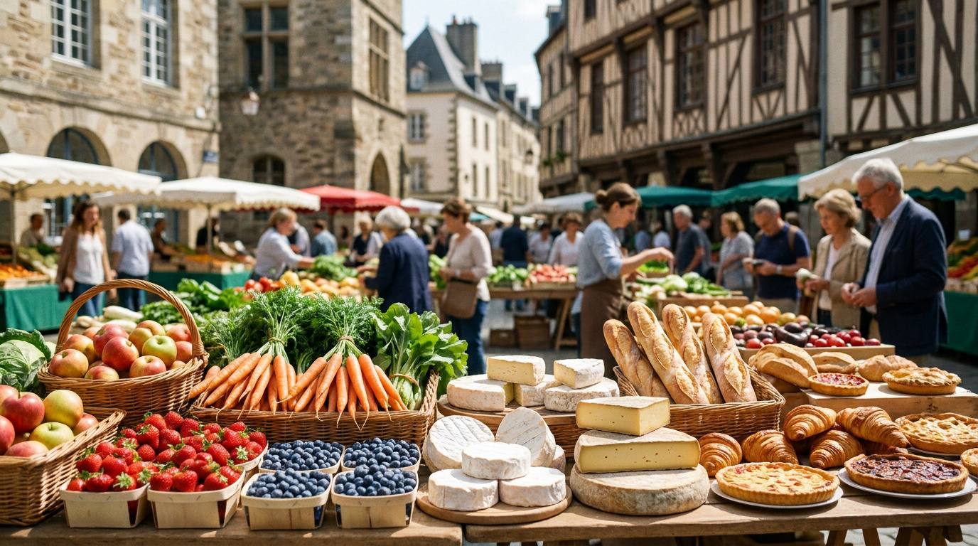Étal de marché en plein air à Rennes avec fruits, légumes, fromages et pains, et des clients en arrière-plan.