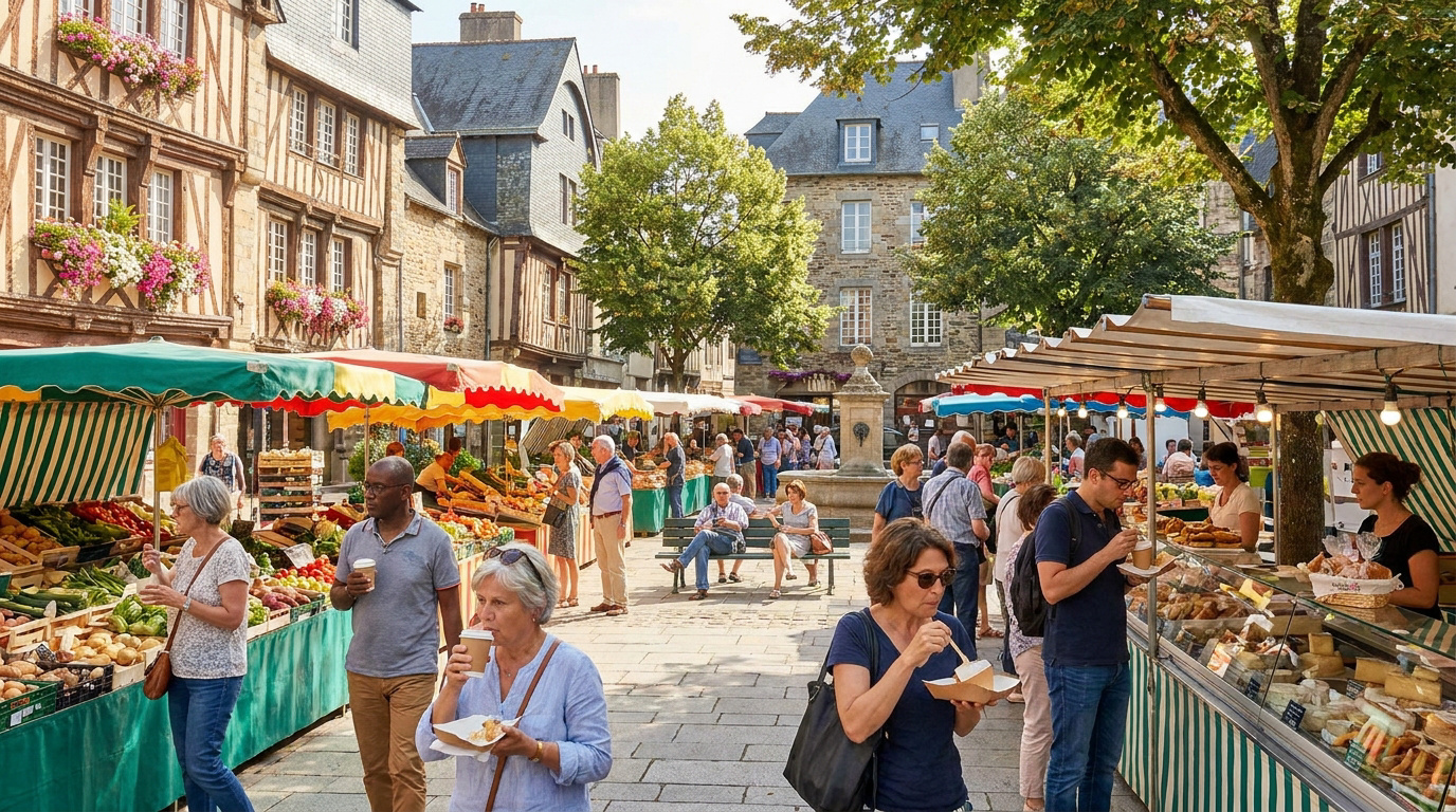 Des étals de marché colorés bordent une rue pavée historique de Rennes avec des habitants flânant sous le soleil.