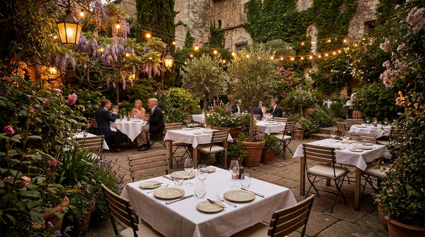 Terrasse de restaurant romantique avec tables nappées de blanc, guirlandes lumineuses et fleurs luxuriantes en soirée.