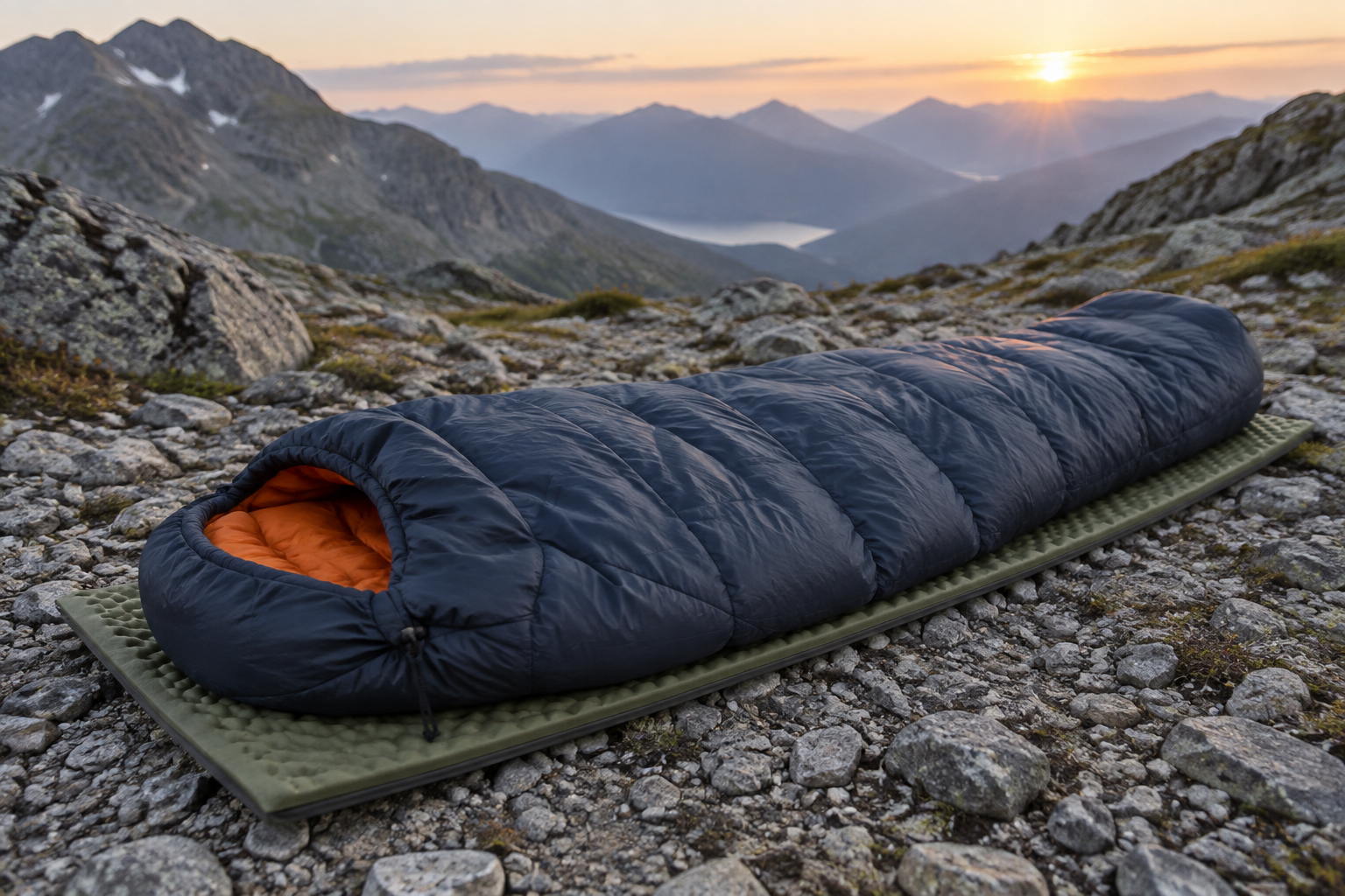 Matelas de sol gonflable posé sur un sol rocheux en montagne avec un sac de couchage.
