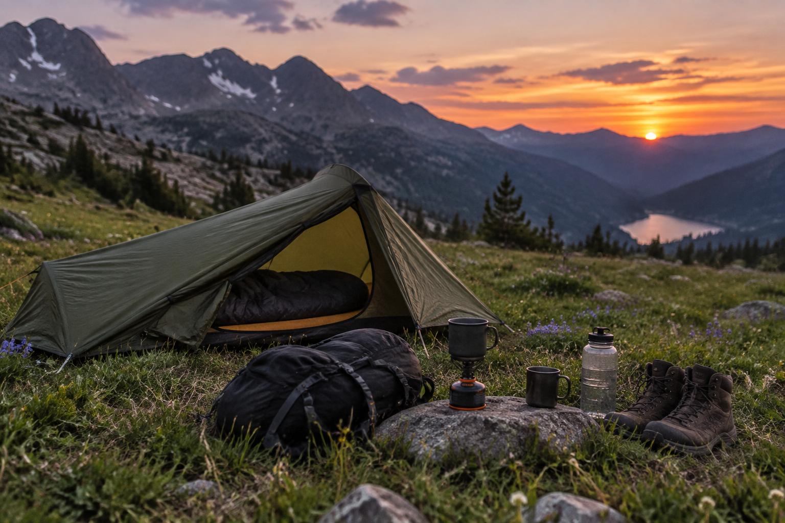 Tente de bivouac montée en pleine nature avec du matériel de camping disposé devant.