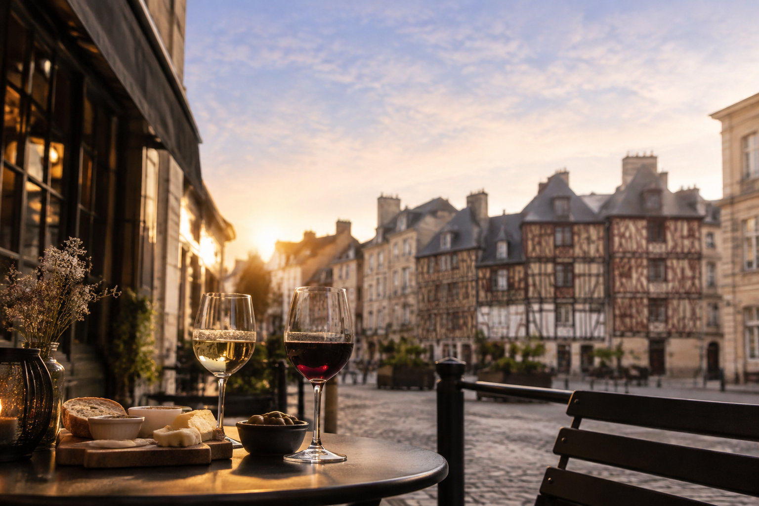 Deux verres de vin et une planche apéritive sur une table de terrasse à Rennes avec les maisons à pans de bois en arrière.