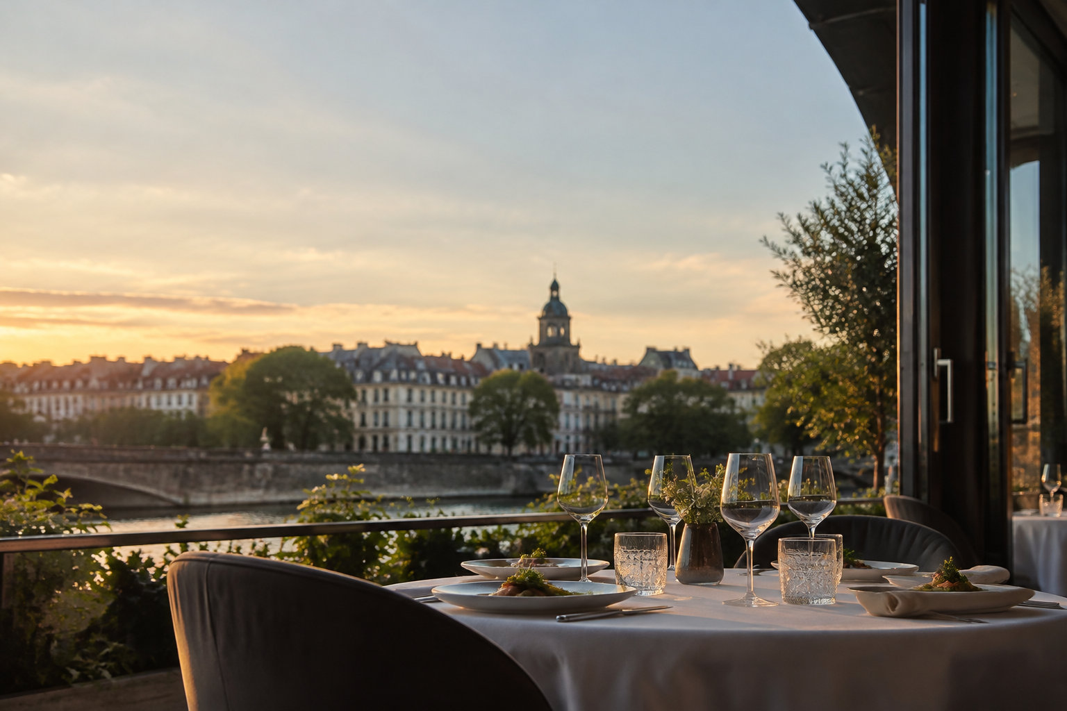 Table dressée pour un dîner gastronomique en terrasse, offrant une vue panoramique sur les toits et la rivière de Rennes.
