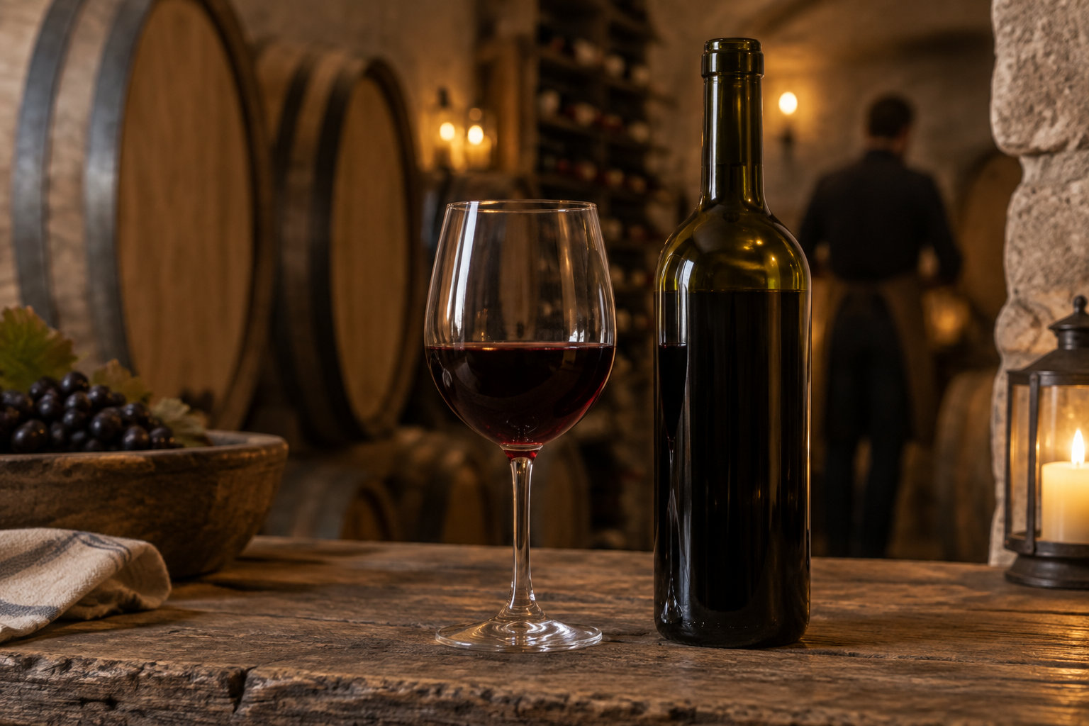 Une bouteille et un verre de vin rouge sont posés sur une table en bois, avec des grappes de raisin et une lanterne allumée dans une cave.