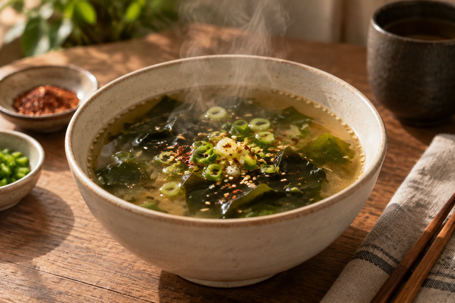 Un bol de soupe fumante garnie d’algues, de rondelles d’oignon vert et de graines repose sur une table en bois, entouré de petits bols et de baguettes.