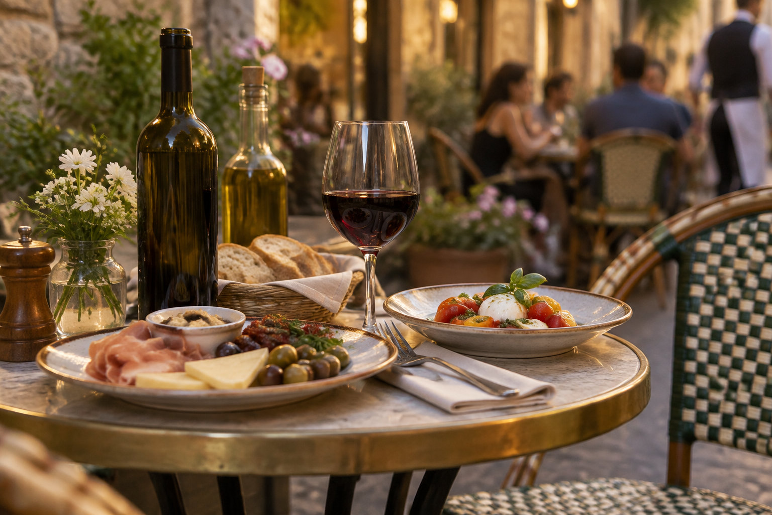 Une table de terrasse est dressée avec des bouteilles et un verre de vin, du pain, des olives, du fromage, de la charcuterie et une salade de tomates et mozzarella.