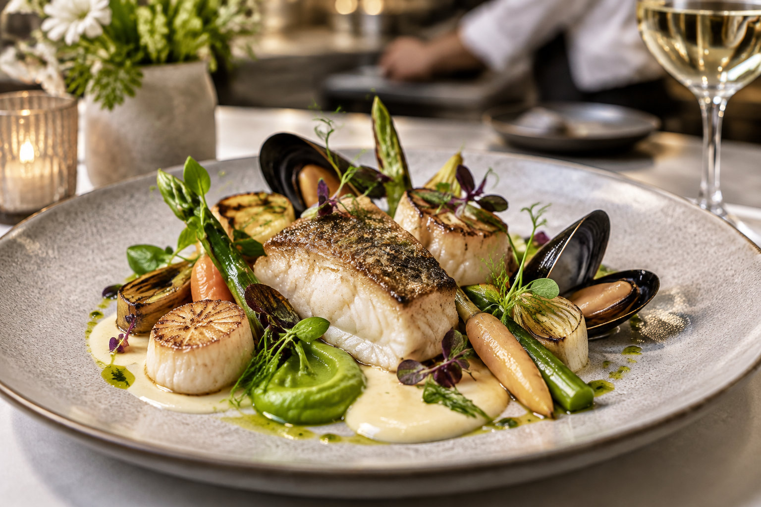 Une assiette de poisson rôti accompagné de coquillages, de légumes grillés, de pousses vertes et d’une sauce crémeuse est posée sur une table dressée.