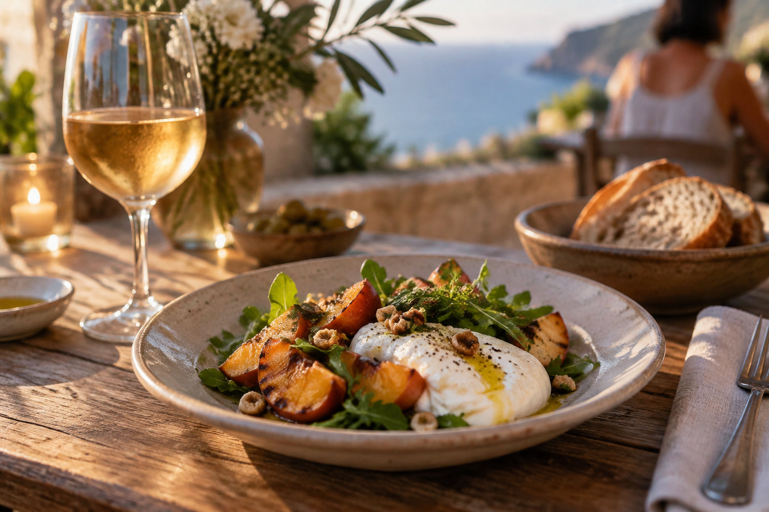 Une assiette de salade garnie de fromage frais et de quartiers de pêche rôtie est posée sur une table en bois, près d’un verre de vin blanc et d’un panier de pain, face à la mer.
