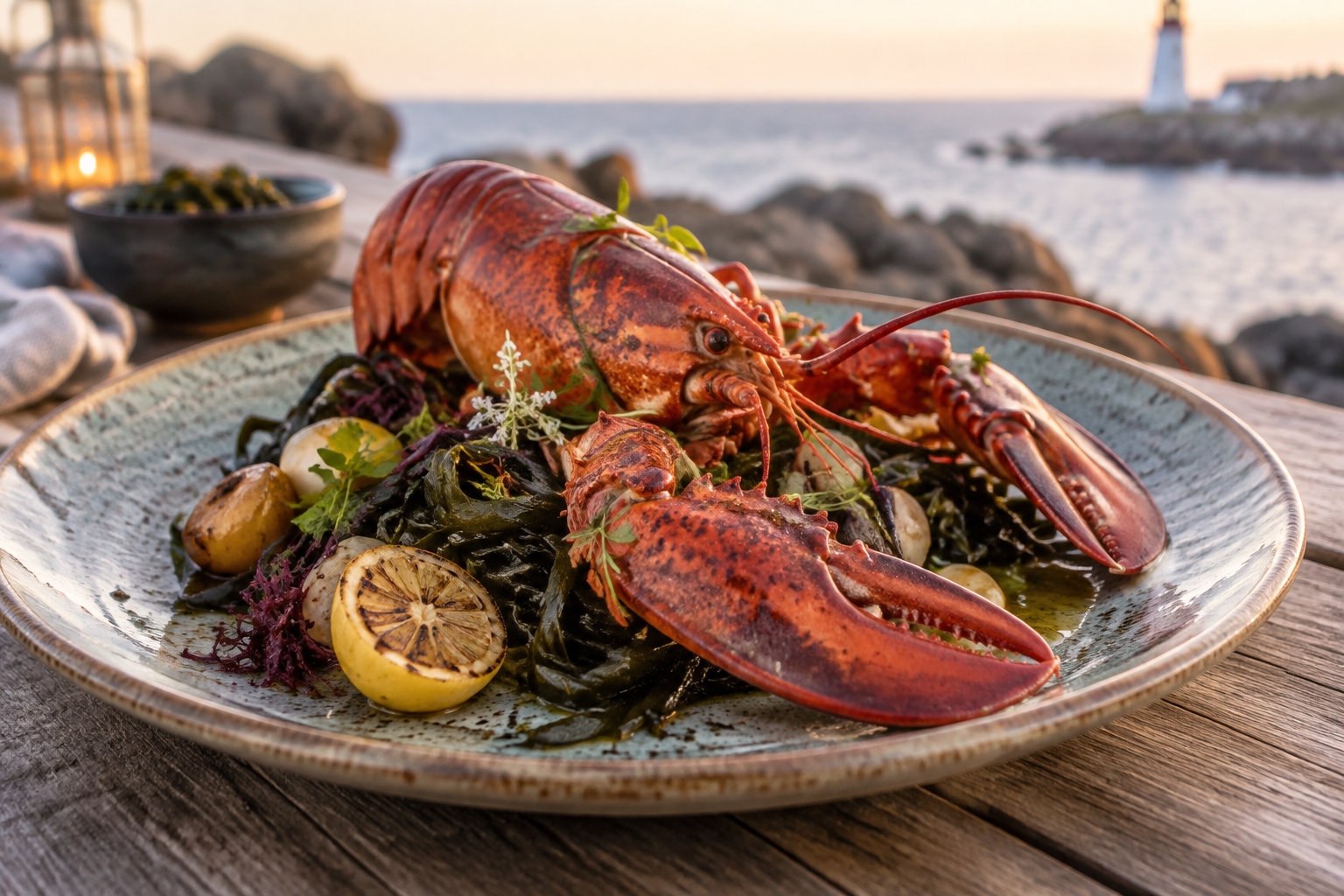 Un homard accompagné d’algues, de pommes de terre et d’un quartier de citron est servi dans une assiette posée sur une table en bois, près d’une fenêtre donnant sur la mer.