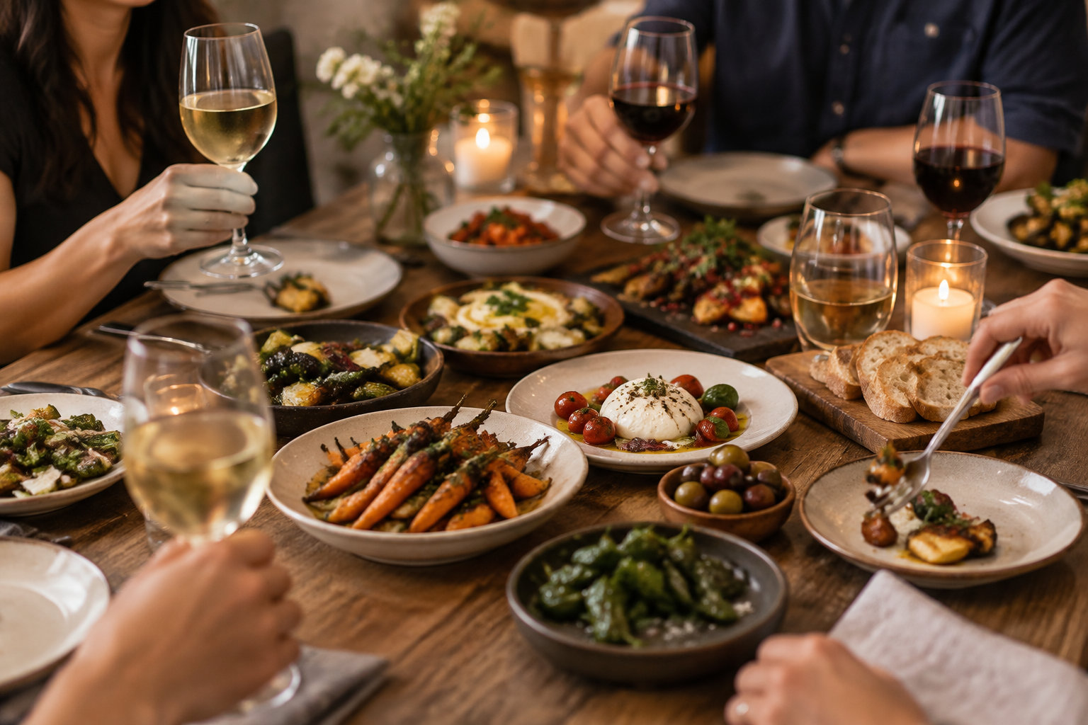 Des convives partagent un repas autour d’une table garnie de plats, de pain et de verres de vin, éclairée par des bougies.