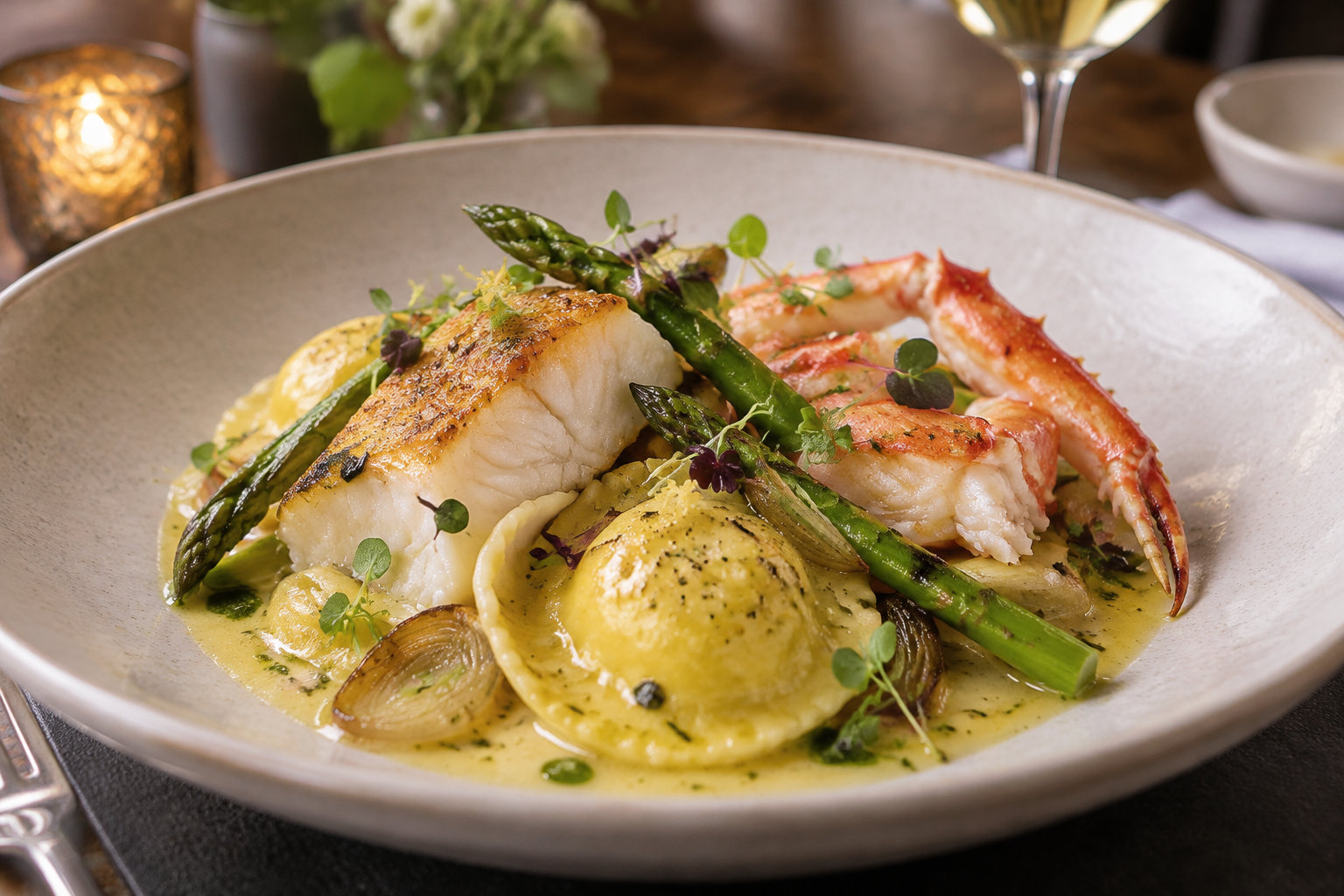 Une assiette de poisson poêlé, de crustacé, d’asperges et de pâtes garnies d’herbes, dans une sauce crémeuse.