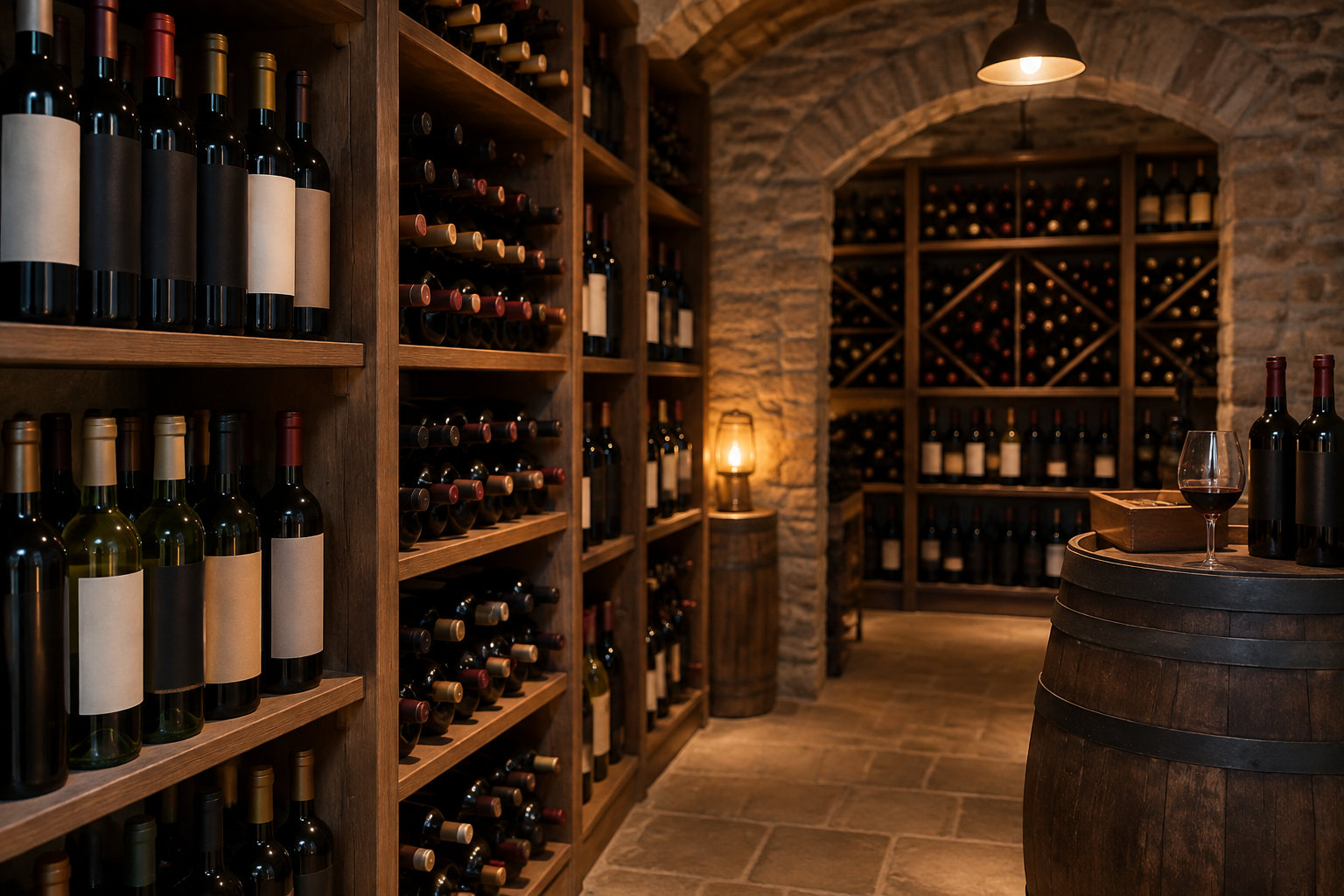 Une cave à vin éclairée par des lampes chaudes, avec des bouteilles rangées sur des étagères et deux verres posés sur un tonneau.