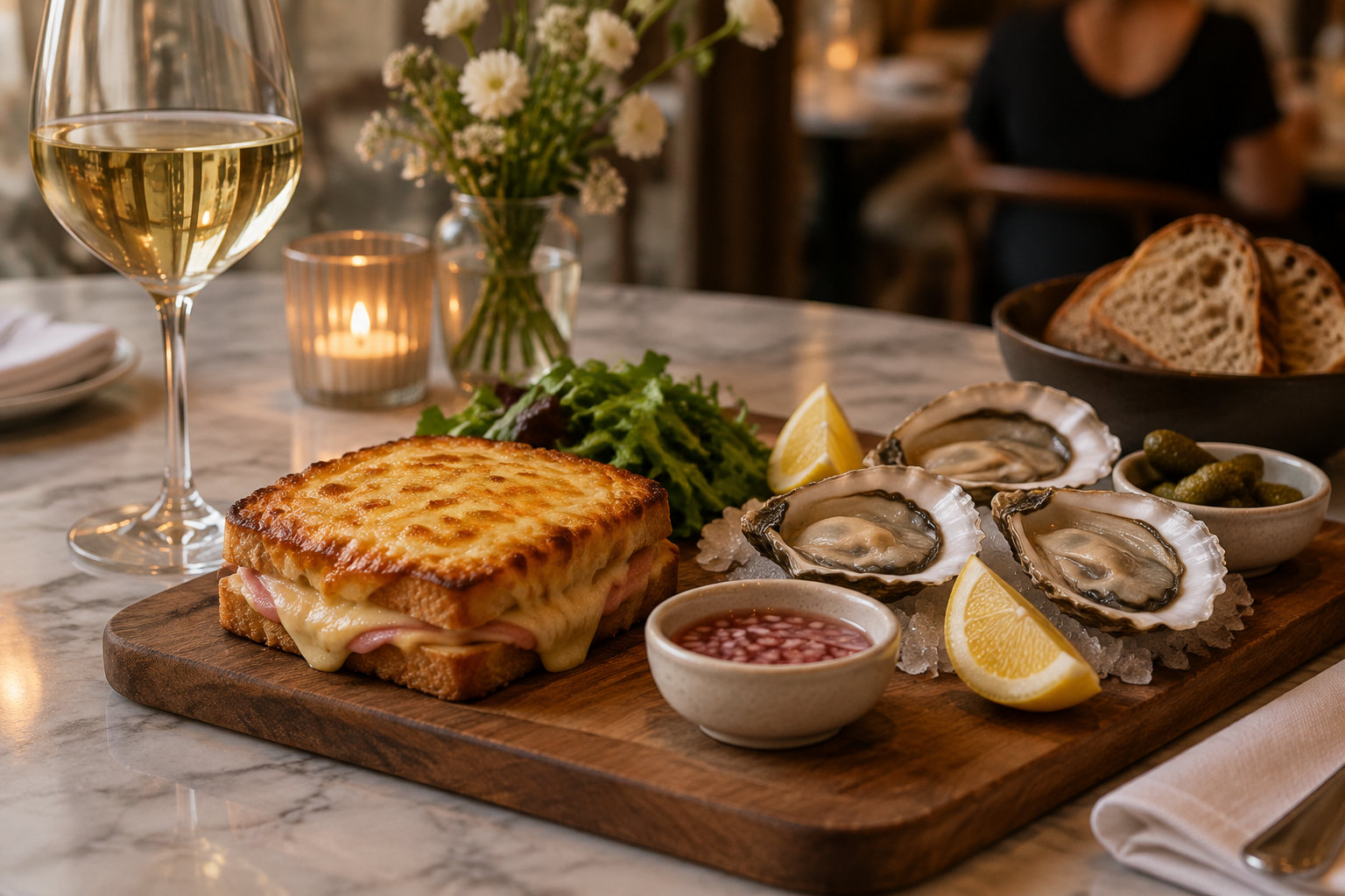 Un croque-monsieur, des huîtres sur glace avec des quartiers de citron, des cornichons et de la salade sont disposés sur une planche en bois, avec un verre de vin blanc et une bougie sur la table.