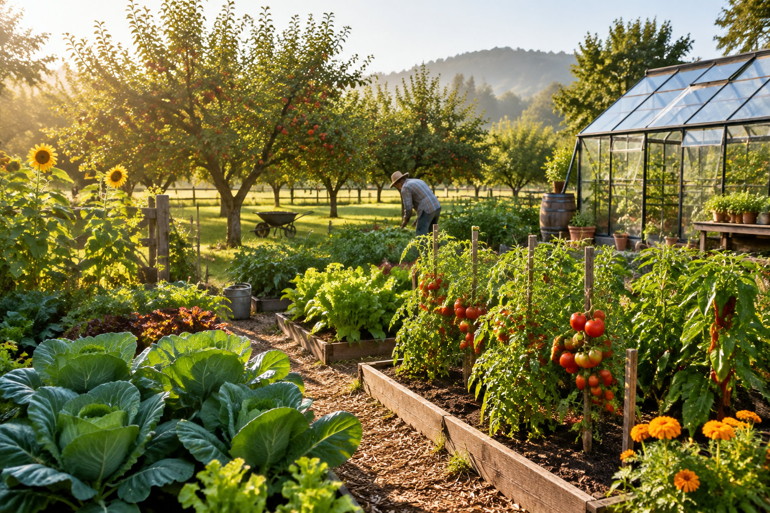 Un jardinier s’occupe d’un potager luxuriant avec des tomates, des choux et des fleurs, près d’une serre et d’un verger ensoleillé.