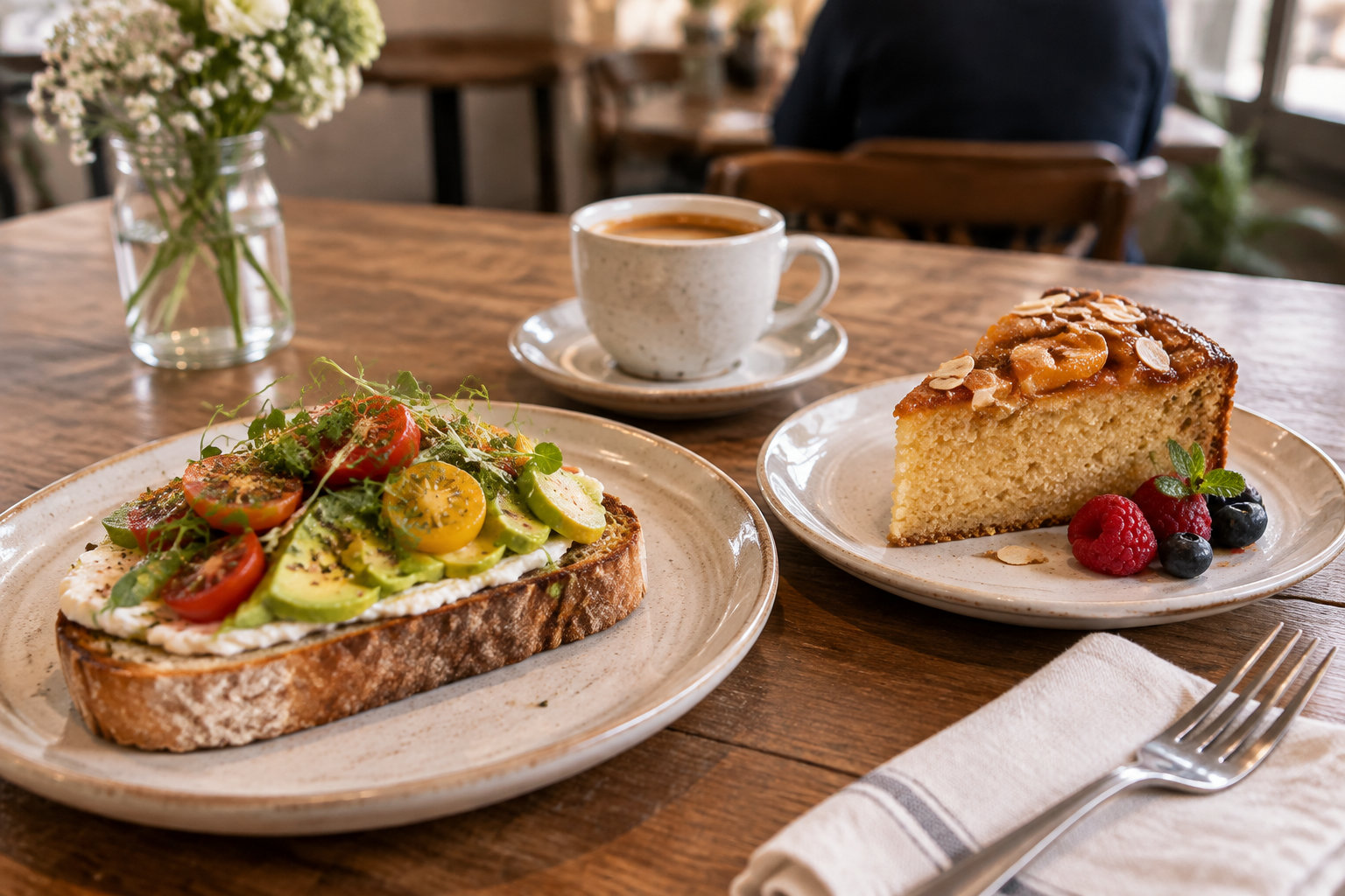 Une tartine garnie de fromage frais, d’avocat et de tomates, une part de gâteau aux amandes et aux fruits rouges, et une tasse de café sont disposées sur une table en bois.