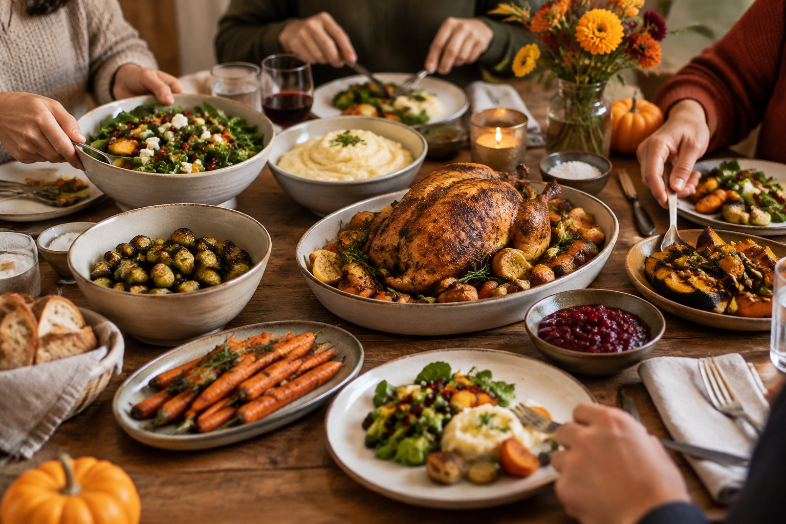 Plusieurs personnes partagent un repas autour d’une table garnie d’une volaille rôtie, de légumes, de purée, de salade, de pain et de petits plats, avec des fleurs et des citrouilles en décoration.