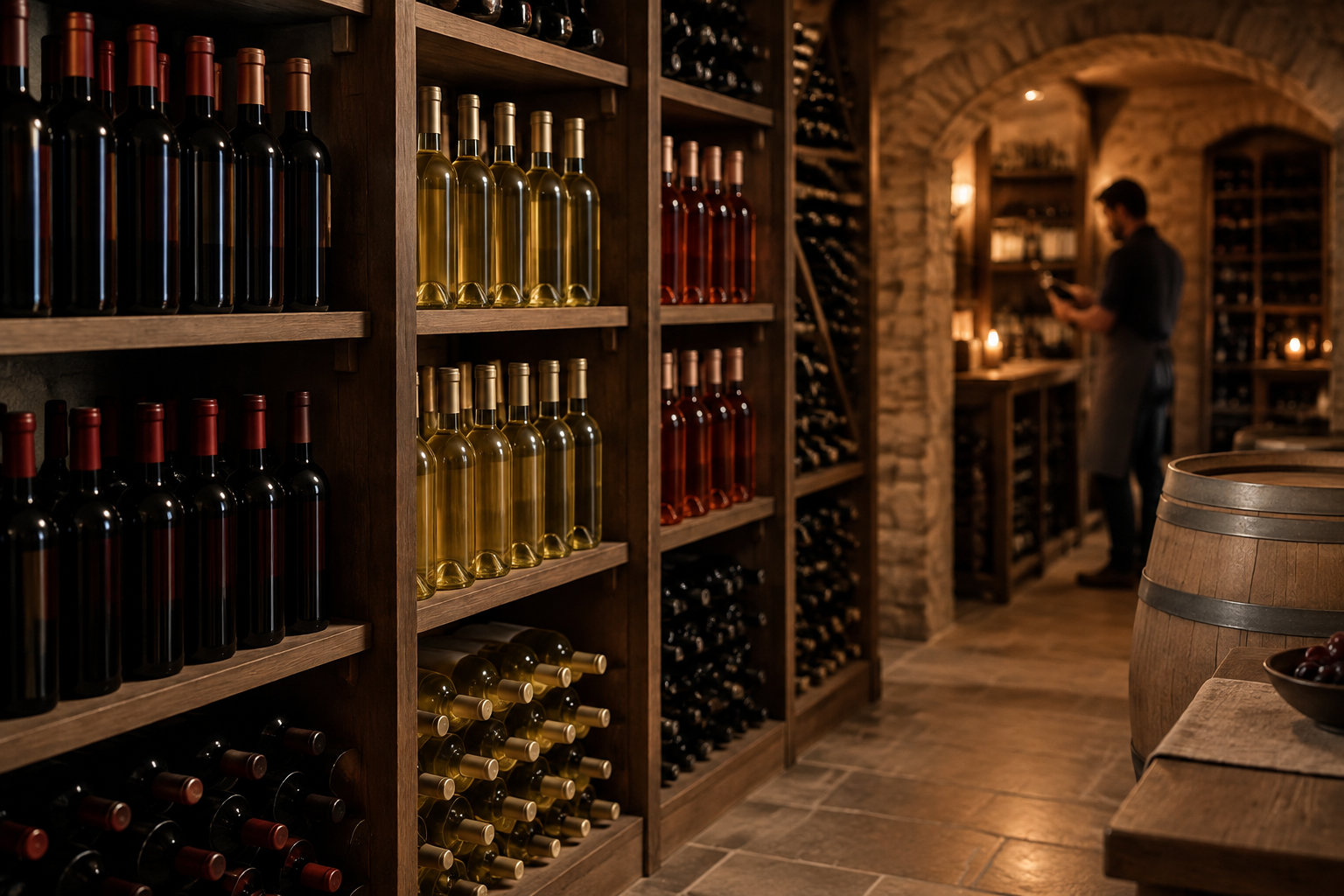 Des bouteilles de vin sont rangées sur des étagères en bois dans une cave éclairée à la lumière chaude, où un homme examine une bouteille près d’un tonneau.